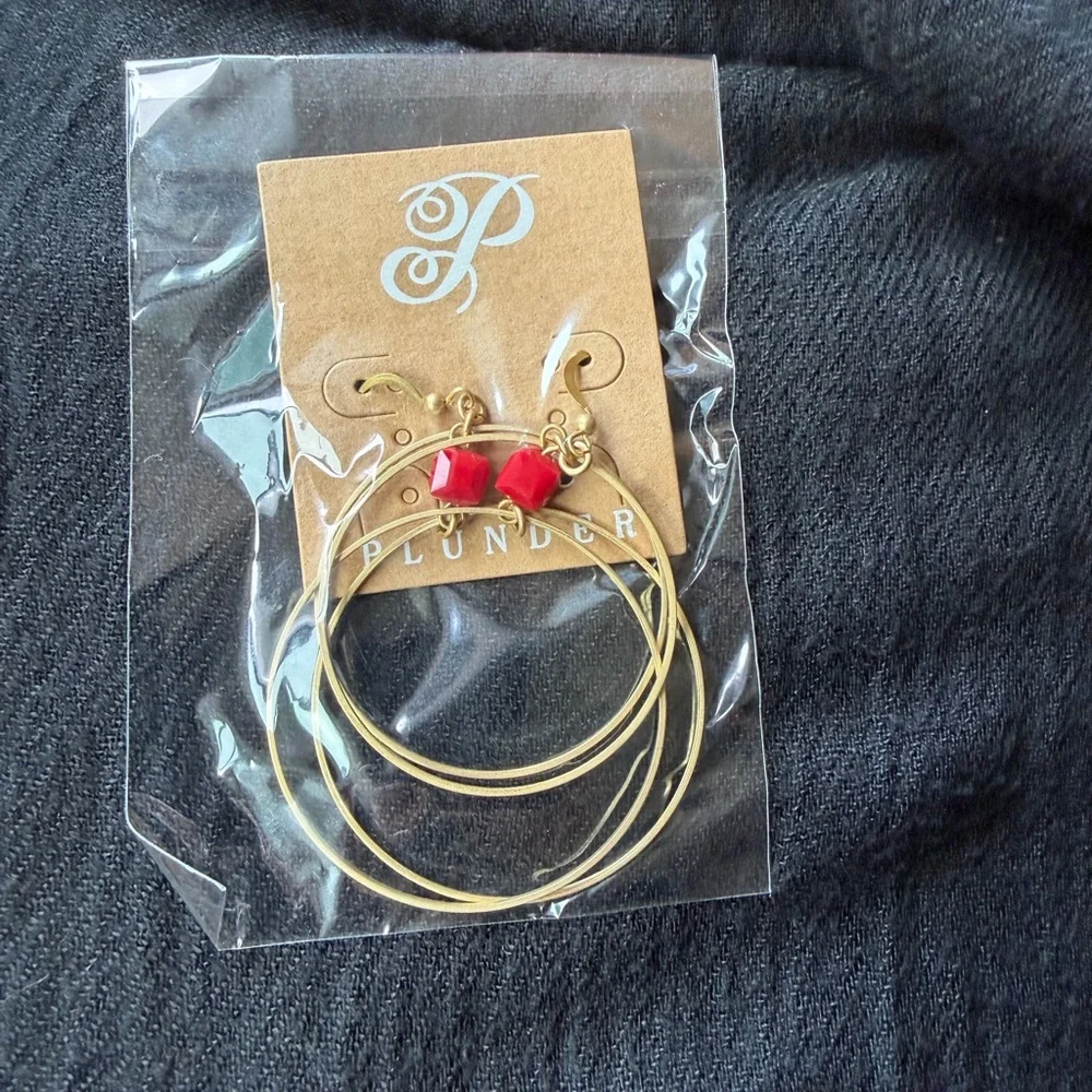 ‼️NWT Plunder Gold Double Hoop Earrings with Red Charm